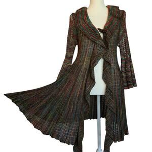 Vintage Y2k Ruffle Neck Crochet Knit Duster Cardigan Size M Multicolor Rainbow